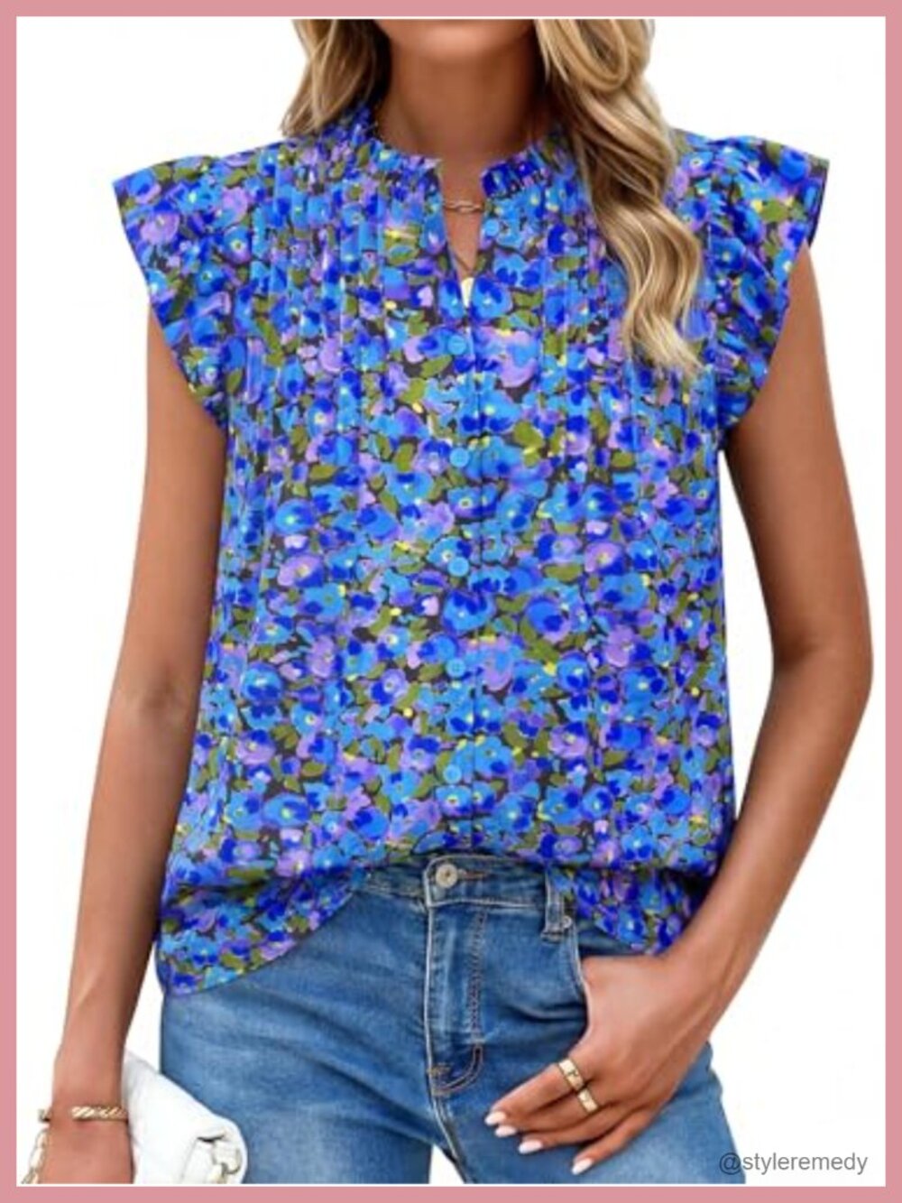 Women Floral Button Down Blouse Ruffle Mock Neck Cap Sleeve Casual Top
